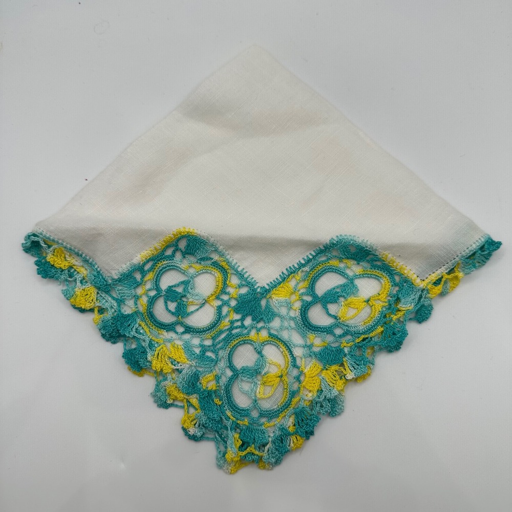 Vintage White Linen Handkerchief Teal Yellow Tatted Lace Trim Pocket Square 11in